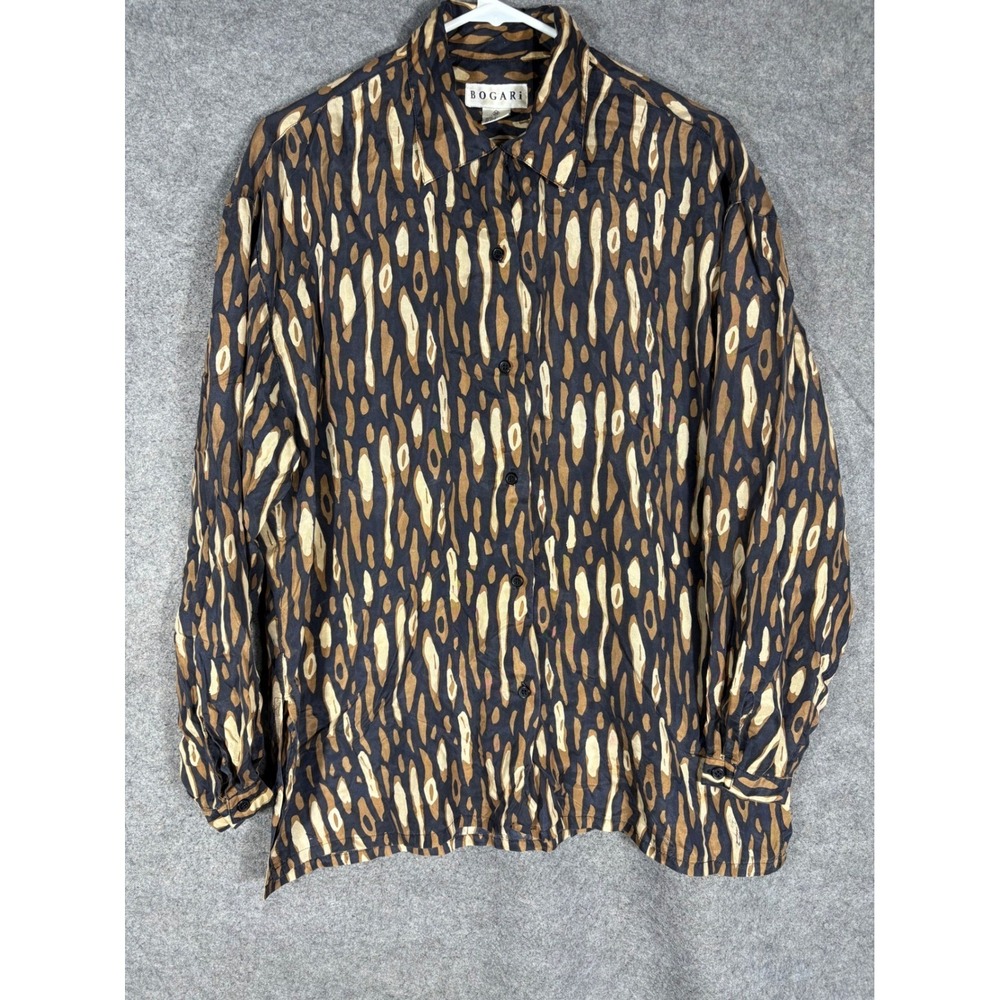 Bogari‎ Womens 100% Silk Abstract Animal Print Button Down Blouse Black Tan Med